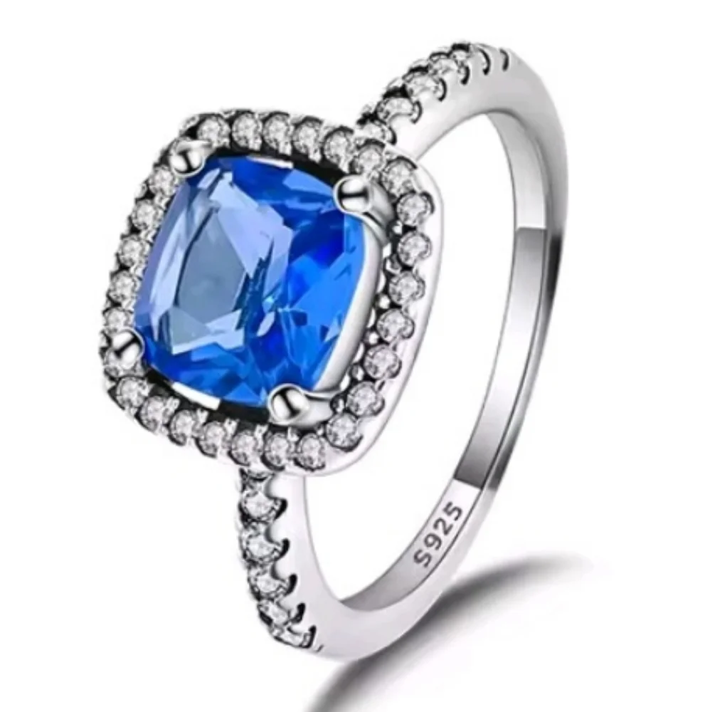 Blue Sapphire 925 Silver Halo Ring with Diamond Accents Sz 6